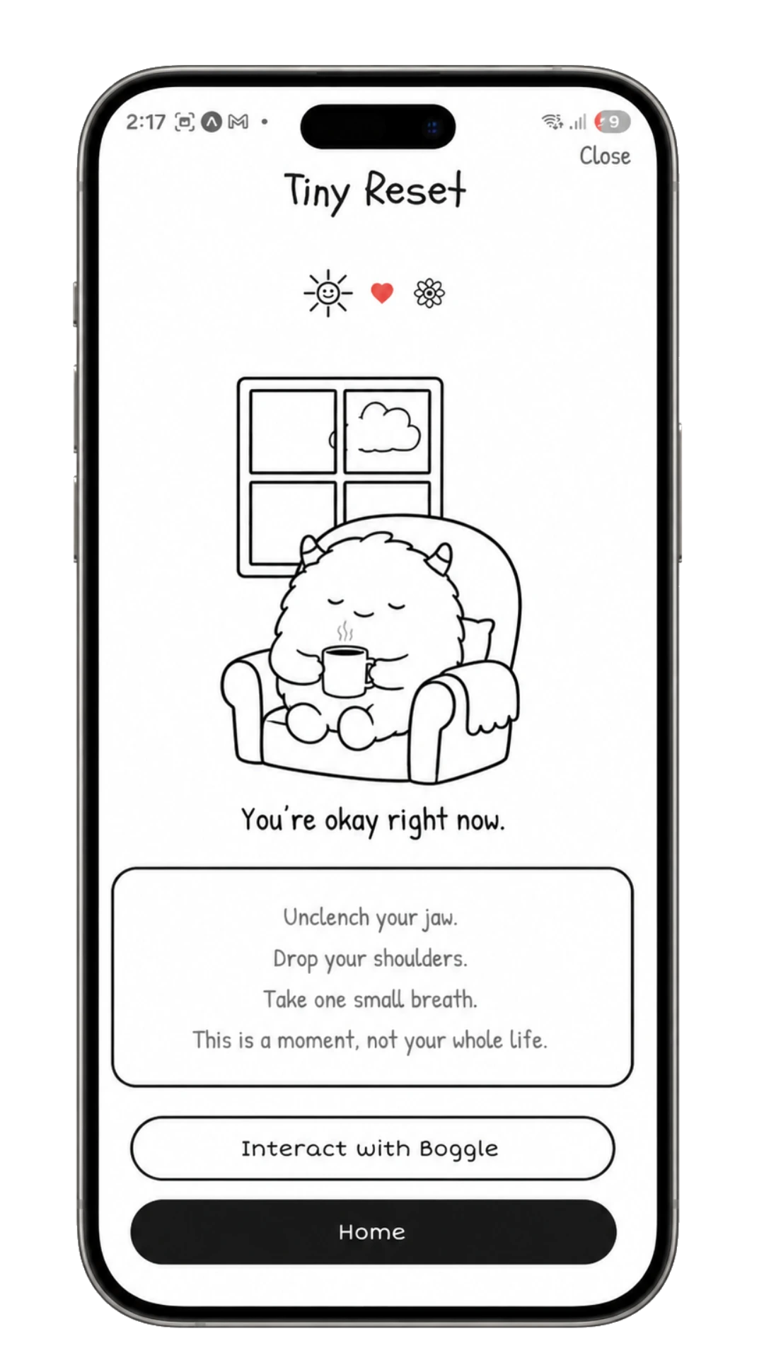 Tiny Reset — you're okay right now screen